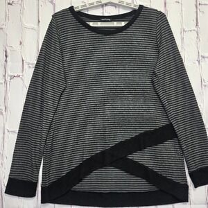 PINK CLOVER Womens Grey Black Striped Crossover Tulip Hem Long Sleeve Top Size M